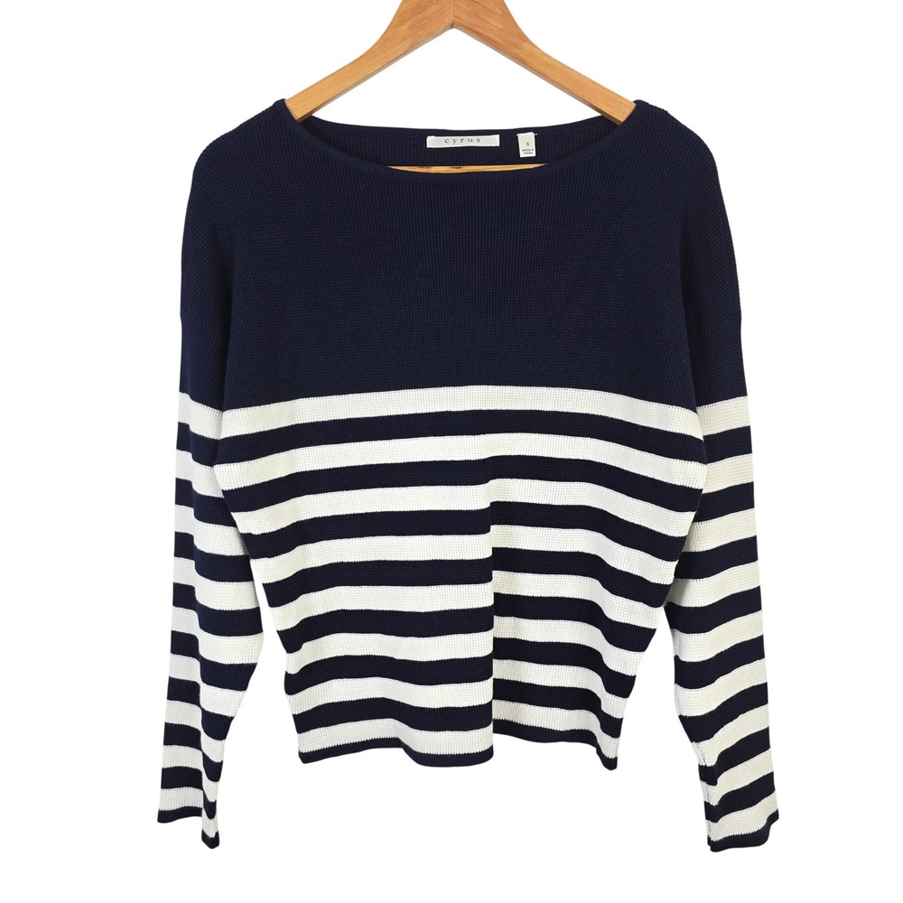 Cyrus Womens Navy Blue White Striped Boat Neck Waffle Knit Sweater Small C312314